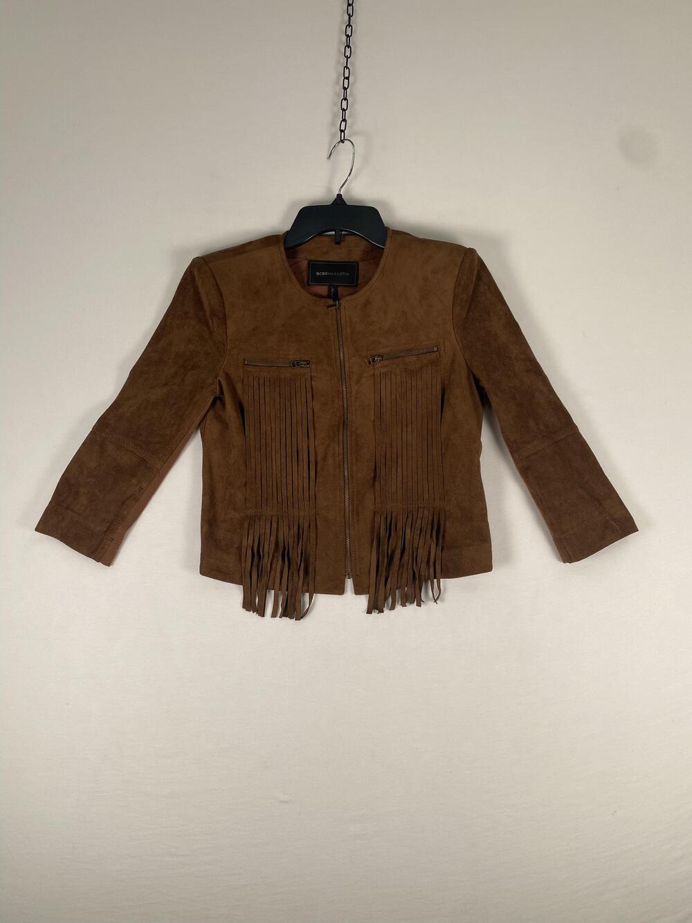 BCBGMAXAZRIA Jacket Womens XXS Brown Faux Suede Fringe Zip Western Boho Cropped